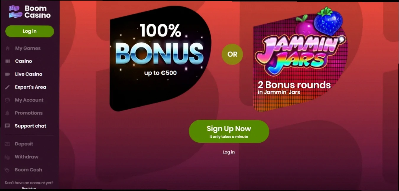 Boom Casino met 100% tot €250 + 100 Gratis Spins welkomstbonus